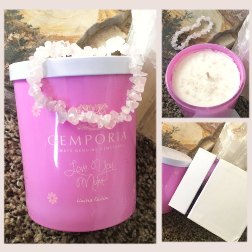 Rose Quartz "Love You Mum" Soy Candle & Stretchy Bead Bracelet Mother's Day